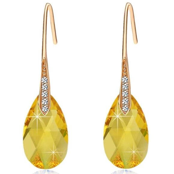 14K Yellow Gold with Yellow Citrine Austrian Crystal Teardrop Drop Hook Earrings